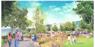 A watercolor depiction shows kids playing and couples walking on the waterfront trail.