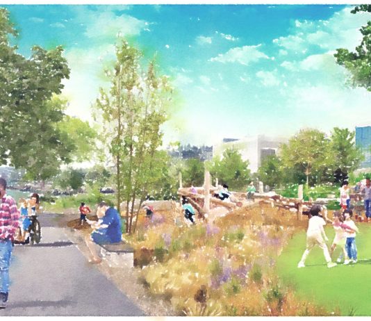 Seattle Waterfront Park Makeover Promises New Greenway and Public Fishing A watercolor depiction shows kids playing and couples walking on the waterfront trail.