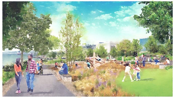 Elliott-Bay-Connections-trail-by-City-of-Seattle-EBCImage3_Play_MEP-2048x1152-1 A watercolor depiction shows kids playing and couples walking on the waterfront trail.