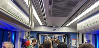 Crowds waiting at a light rail transit station.