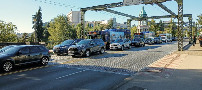 Cars line up on the Montlake Bridge.