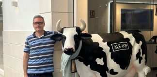 Ray poses with a life-size cow sculpture while traveling in Spain. Ray wears glasses and has sandy-colored hair.