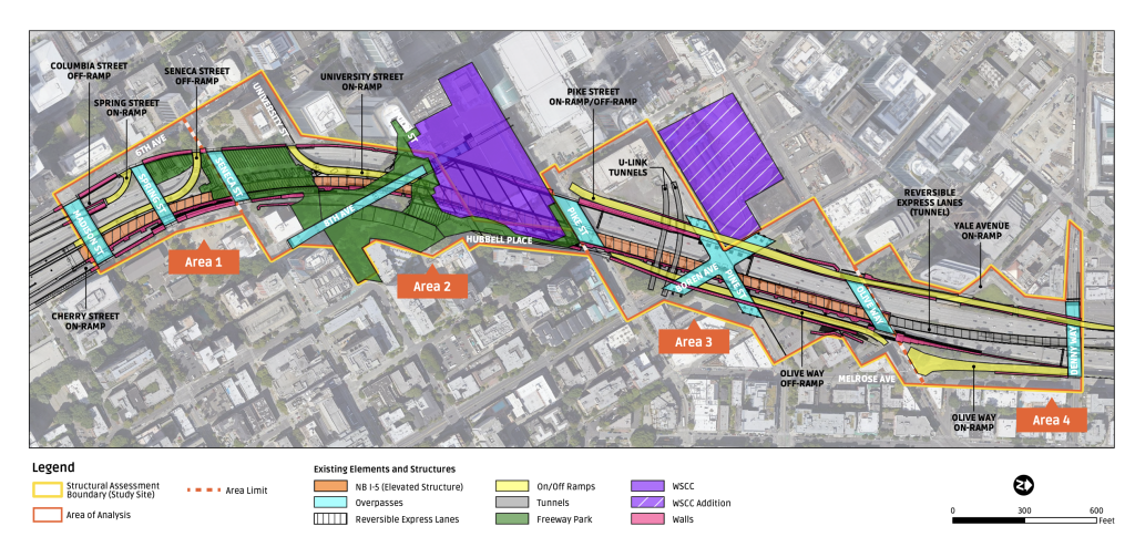 A map show the Lid I-5 study area extending from Madison Street to Denny Way. It identifies the on and off ramps, Freeway Park, Hubbell Place, tunnels, and the Washington State Convention Center addition. 