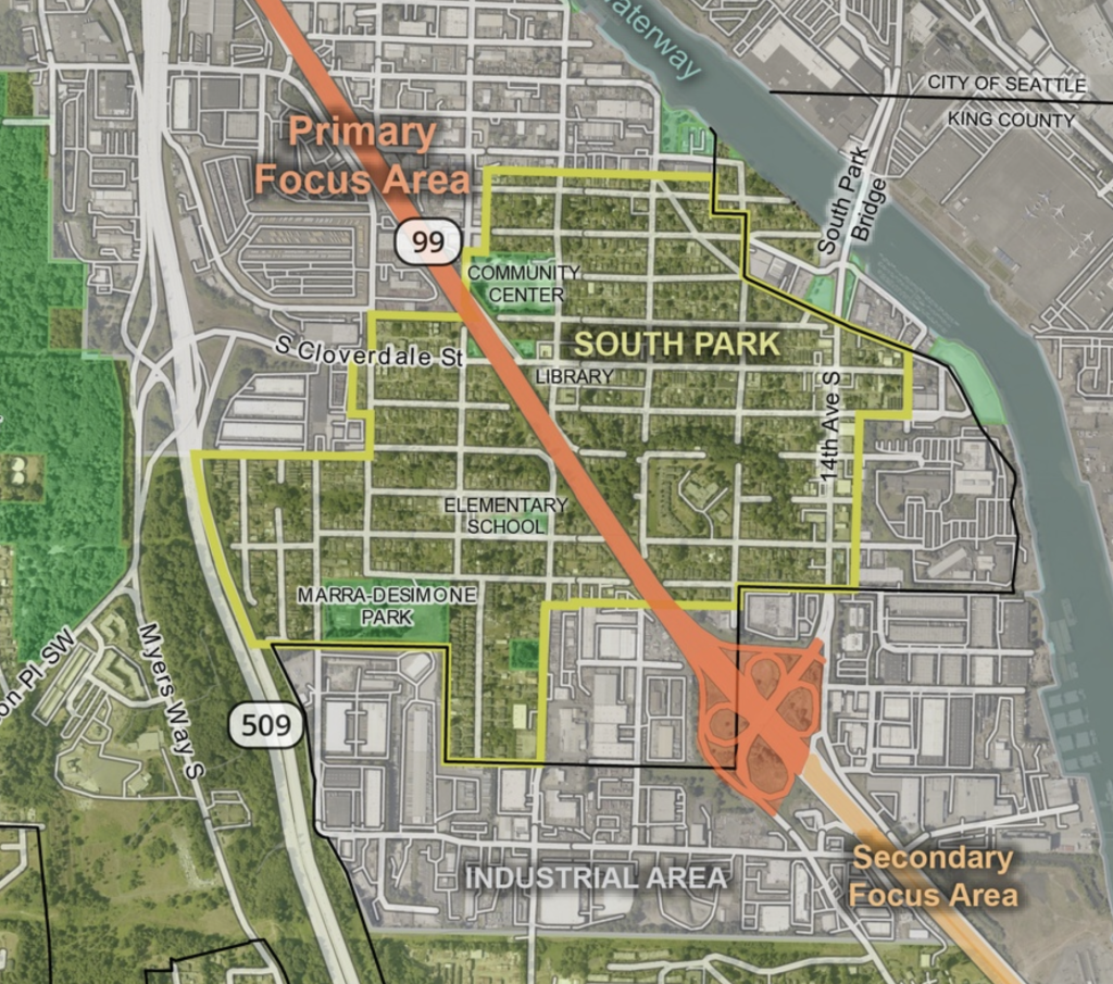 A map shows SR 99 and 509 in South Park and nearby areas.