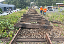 Woodinville Works to Extend Eastrail to Snohomish County Looking down an abandoned railroad with wooden ties being removed.