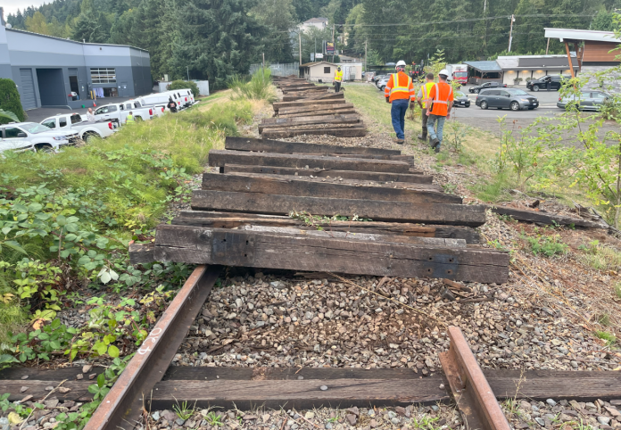 Woodinville ties Looking down an abandoned railroad with wooden ties being removed.