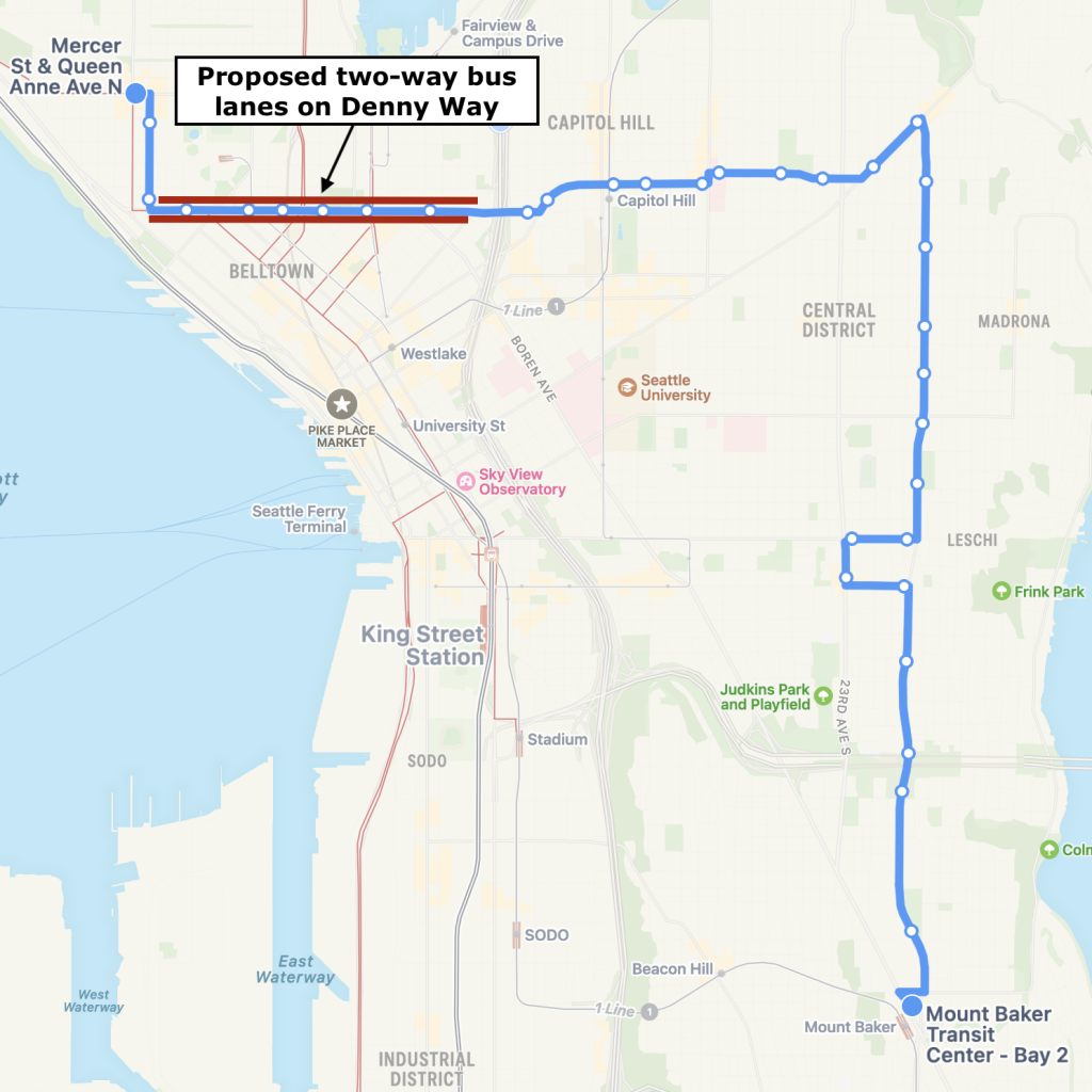 A map of Route 8, which connects Uptown, SLU, Capitol Hill, the Central District, and South Seattle. The portion along Denny Way in SLU is highlighted to indicate proposed bus lanes there.