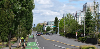Looking down NE 12th Street with a rendering of a cycletrack with painted lines, green painted boxes and flexible posts.