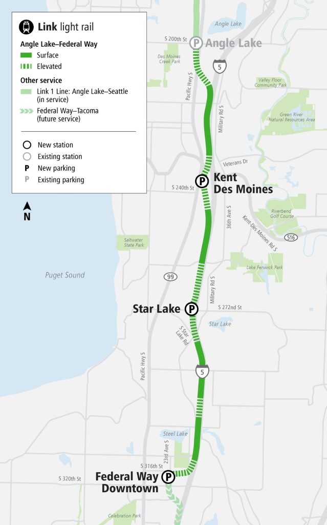 Federal Way Link will add three 1 Line stations: Kent/Des Moines, Star Lake, and Federal Way Downtown.