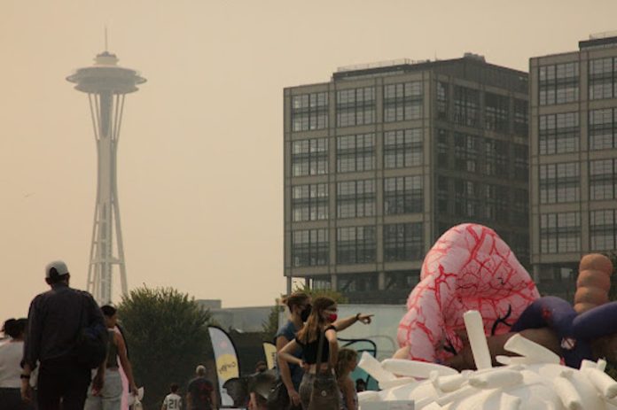 Space Needle and a wildfire smoky sky.