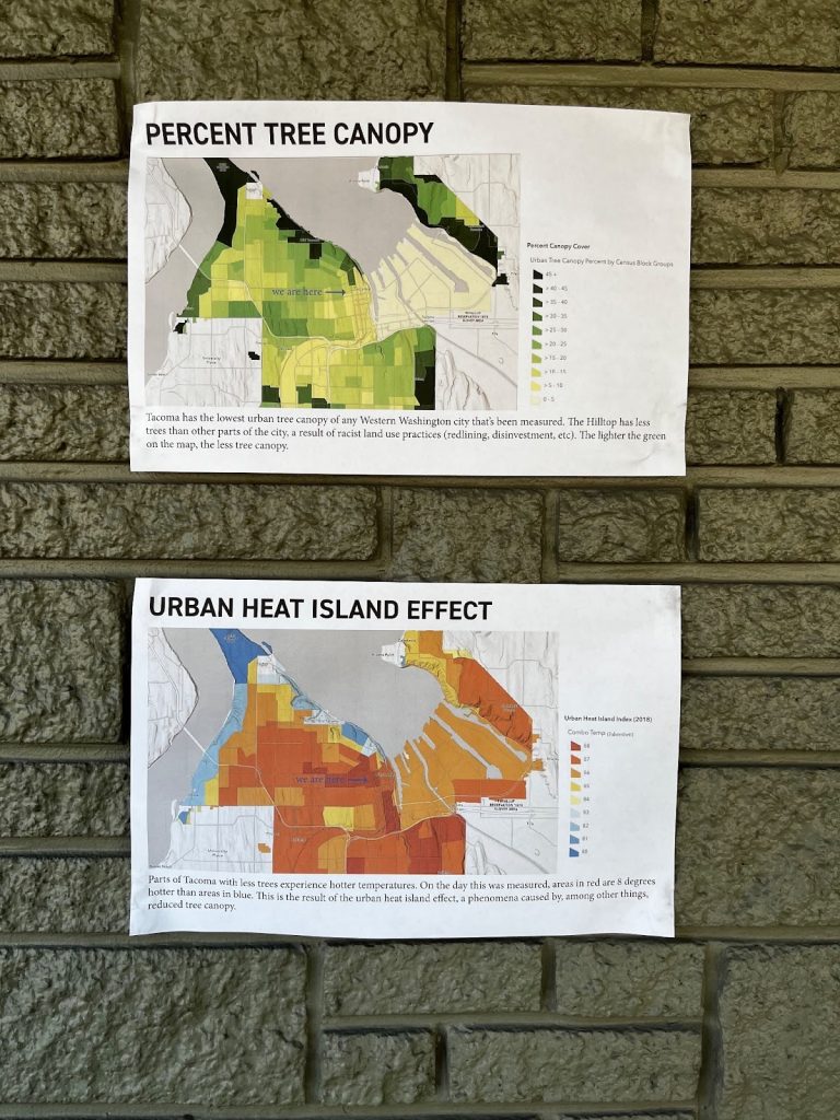 Two posters, one showing cool areas of Tacoma where there are street trees and warmer areas with few or no trees.