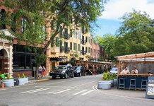 Council Pushes Transit Ambassadors, Cafe Streets in 2024 Budget, But Not Streetcar Connector Old Ballard Avenue street view with street cafe seating.