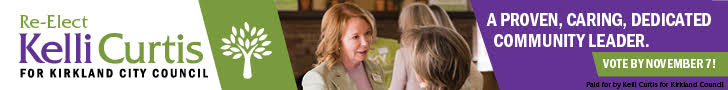 an ad shows Kelli Curtis in a blazer talking to a woman. The logo for her Kirkland City Council re-election campaign is a tree.