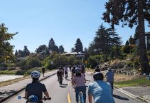 Join Us on Our Journey to Another Decade of The Urbanist A procession of bicyclists as far as the eye can see down the middle of Lake Washington Boulevard with lots of trees along the shore.