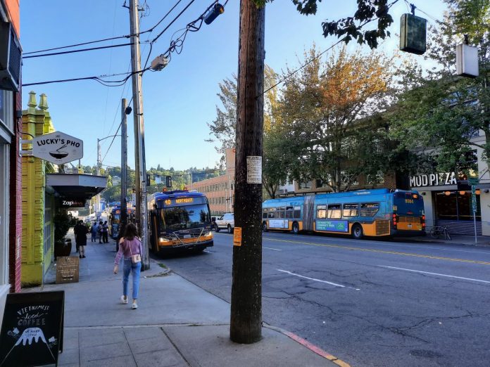 Two northbound buses line up outside Lucky Pho on Fremont Avenue with another southbound Route 62 across the street.