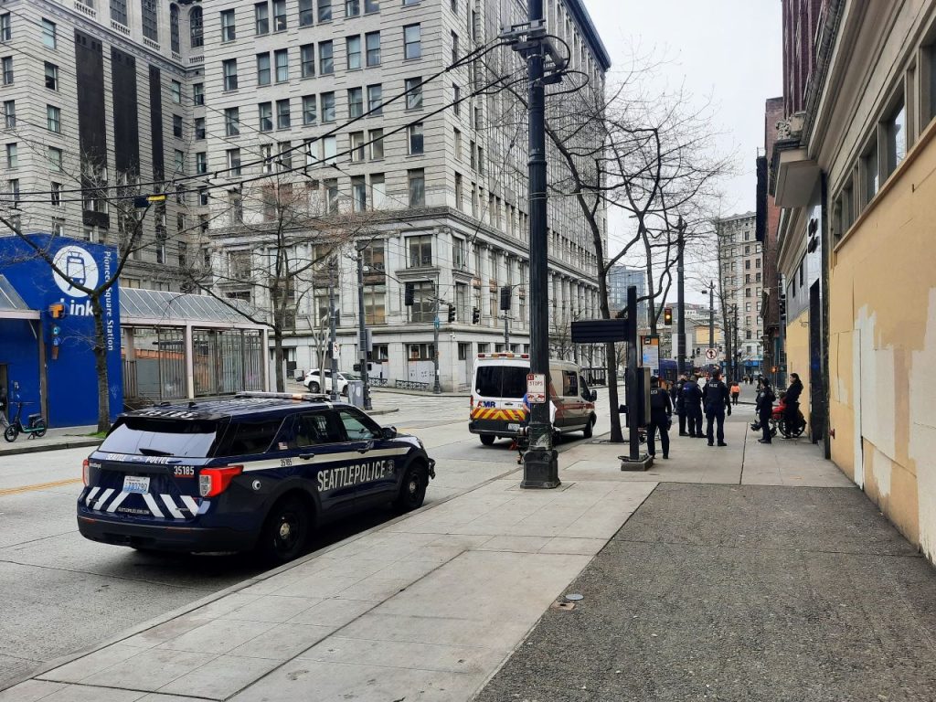 A half dozen police and a medic team talk to a person in a wheel chair across from Pioneer Square Station. A police cruiser and ambulance are parked along Third Avenue.