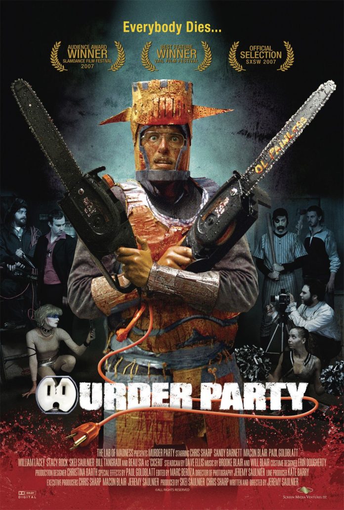 Movie poster for Murder Party showing a man in glasses wearing knights armor costume made of cardboard and blood-soaked. He's holding two chainsaws across his chest and looks terrified. An assortment of people are behind him wearing costumes for a baseball player, vampire, robot, and cheerleader.