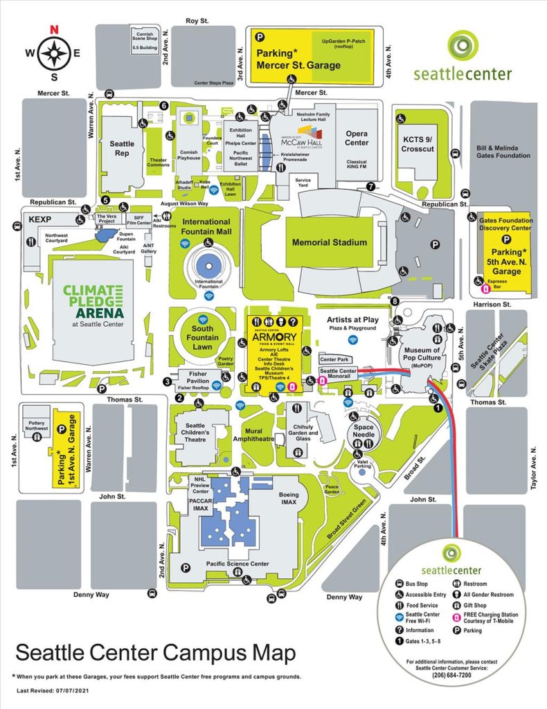 A map shows Seattle Center attractions from Climate Pledge Arena to Memorial Stadium.