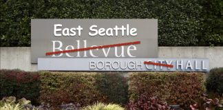 Bellevue City Hall sign amended to reflect a new position as a borough of Seattle.