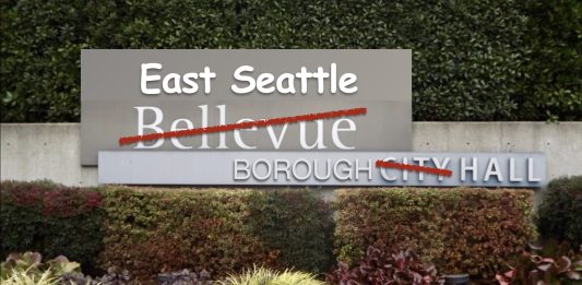 Bellevue City Hall sign amended to reflect a new position as a borough of Seattle.