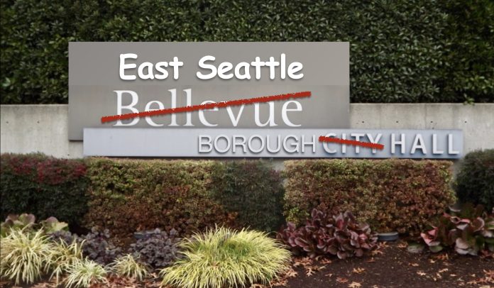 Bellevue City Hall sign amended to reflect a new position as a borough of Seattle.