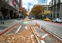 Complete Downtown to Capitol Hill Bike Connection Is Finally in Sight Fall leaves in a new bike lane still being completed.