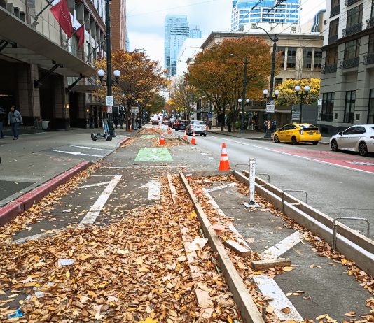 Complete Downtown to Capitol Hill Bike Connection Is Finally in Sight Fall leaves in a new bike lane still being completed.