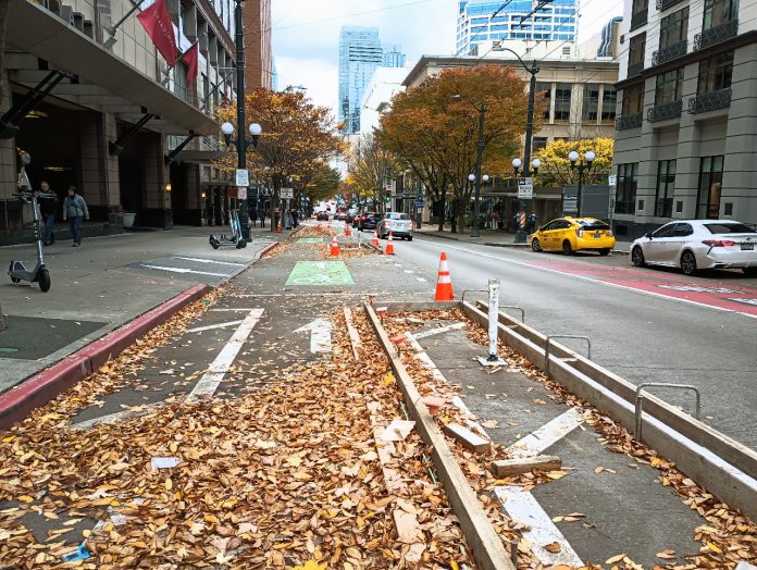 Fall leaves in a new bike lane still being completed.