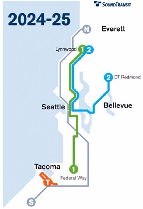 After ST2 is built out, Line 1 will run from Federal Way to Lynnwood and Line 2 will run from Redmond to Lynnwood via Downtown Seattle.