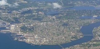 An aerial photograph shows the port city of Bremerton from a height of nearly 10,000 feet.