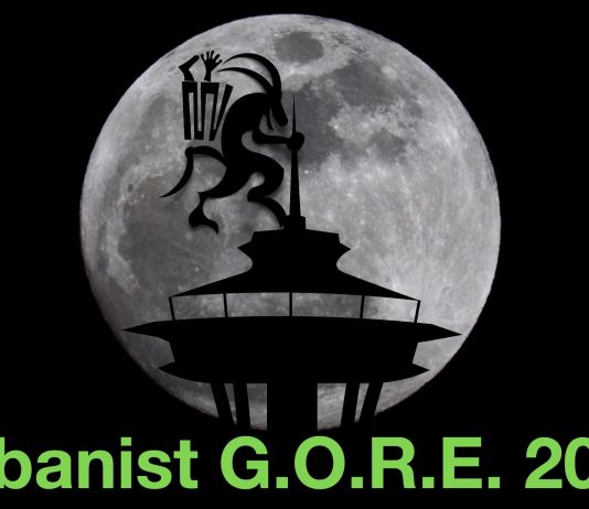 Urbanist G.O.R.E. 2024! A horned Krampus dances on the Space Needle in silhouette, with label Urbanist Gore 2024