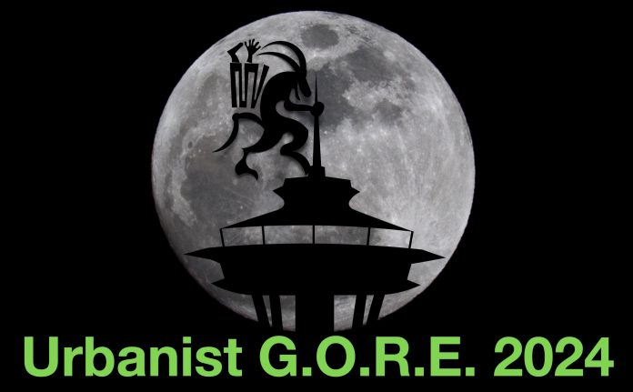 A horned Krampus dances on the Space Needle in silhouette, with label Urbanist Gore 2024