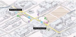 An architectural rendering shows Alaska Junction Station with pedestrian improvements on corridors like Alaska Street indicated. Landmarks like Easy Street Records are also shown.