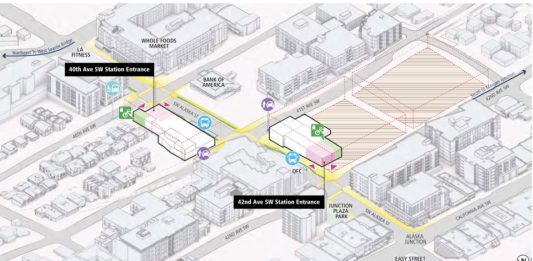 An architectural rendering shows Alaska Junction Station with pedestrian improvements on corridors like Alaska Street indicated. Landmarks like Easy Street Records are also shown.