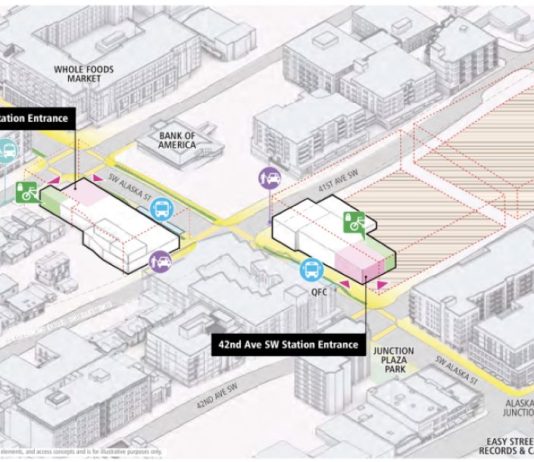 Sound Transit Shares Station Area Concepts for West Seattle Link An architectural rendering shows Alaska Junction Station with pedestrian improvements on corridors like Alaska Street indicated. Landmarks like Easy Street Records are also shown.