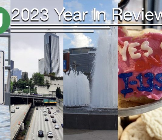 The Urbanist 2023: Articles You May Have Missed Combination banner of images including a pool, highway, fountain, cookies saying "yes on I-135" and par saying 2023 Year in Review