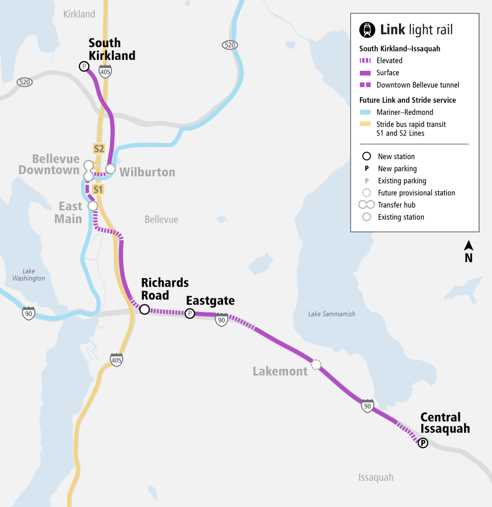 A map shows the Issaquah to South Kirkland light rail 