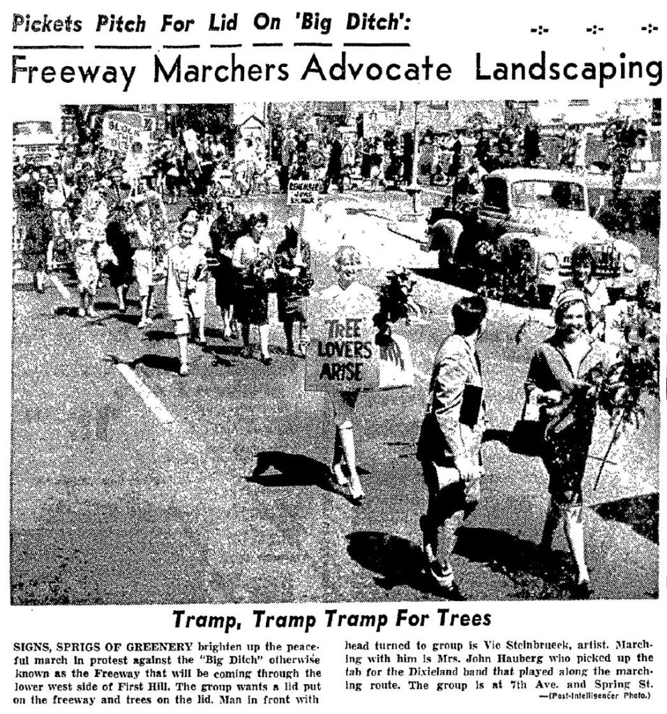 The headline reads "Picketers pitch for lid on 'big ditch': Freeway marchers advocate landscaping." A caption reads "Tramp, tramp, tramp for trees below a group of women walking down the road.