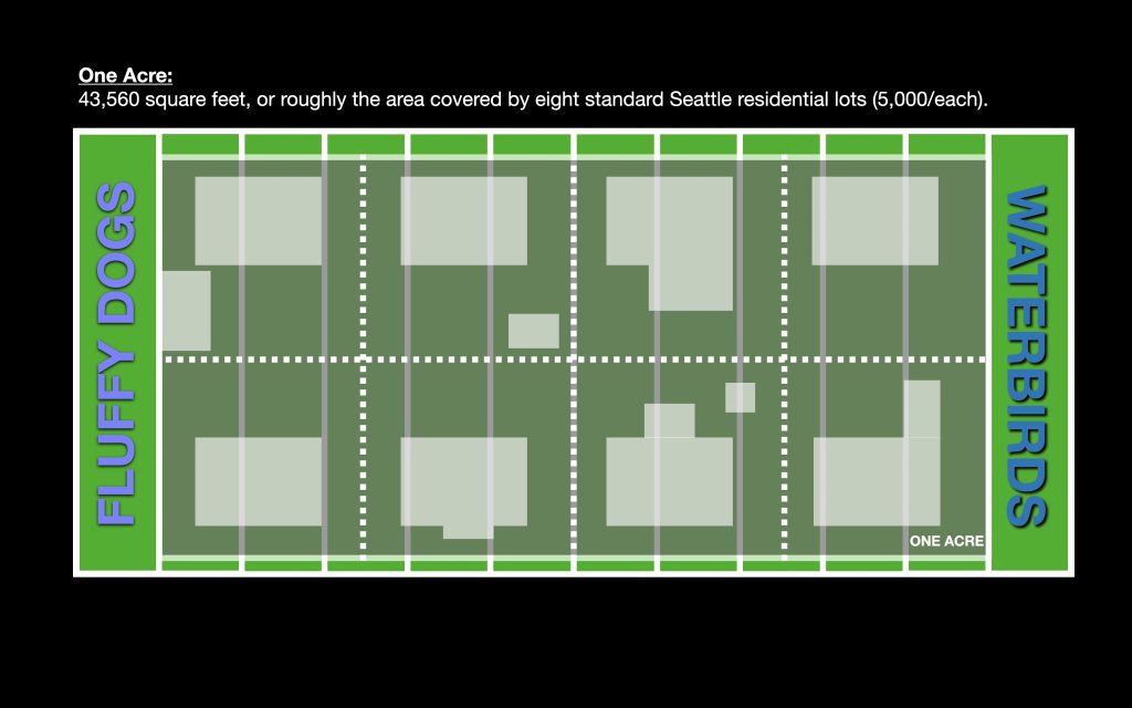 Illustration of a football field with eight house lots laid out between the end zones.
