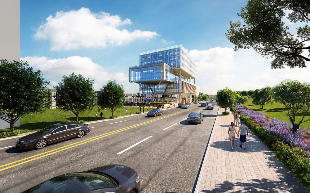 A rendering show a glass midrise building and a green space with trees and people walking along a four lane road with lines of cars.