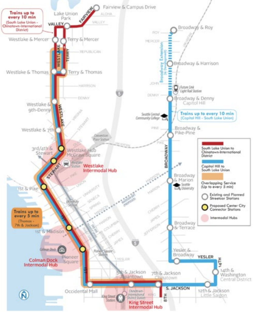 A map showing the two planned service patterns for the fully connected streetcar network