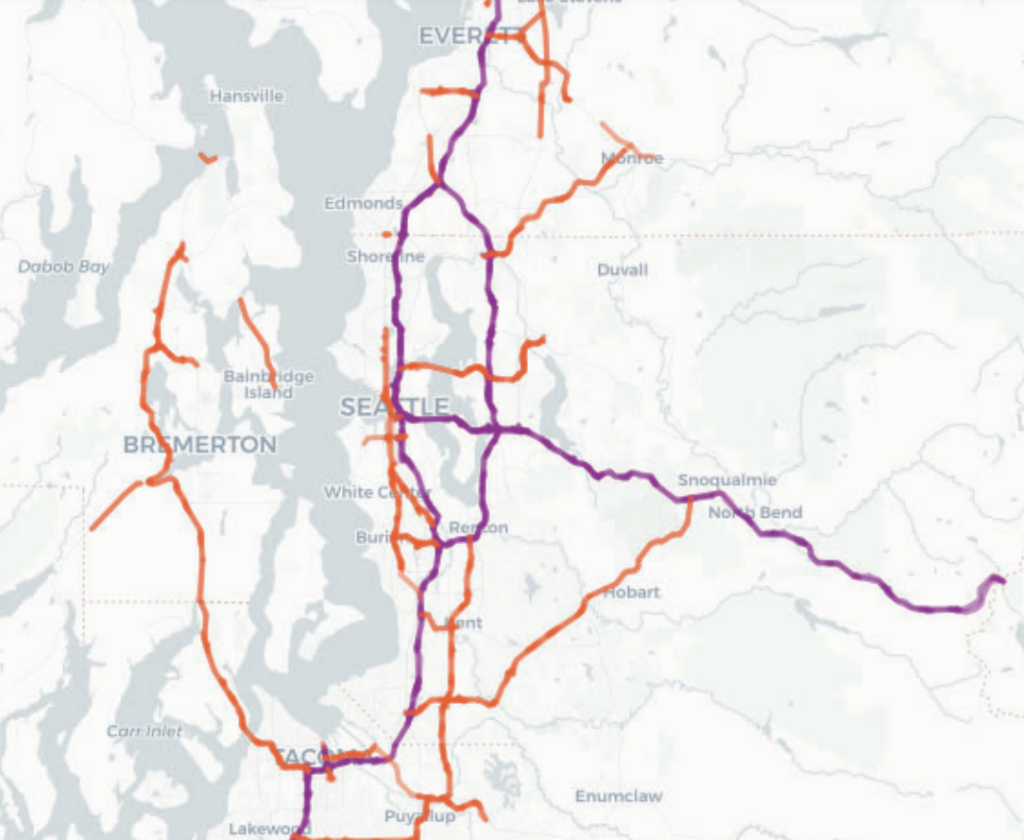 A map of the four county region with highways like I-5, I-90 and SR 18 highllighted