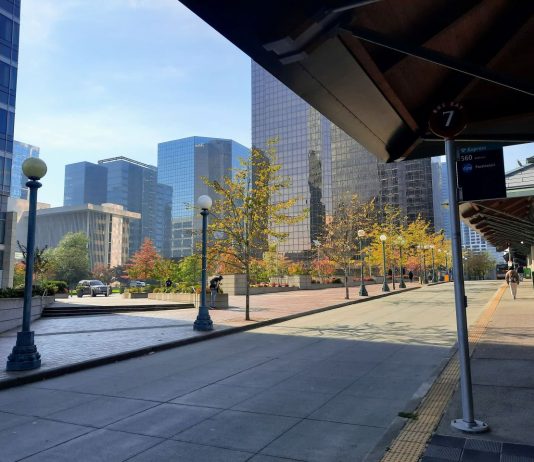 Bellevue Unveils Bold Growth Strategy for 152,000 Additional Homes A canopy shelters the Bellevue Transit Center with downtown office towers in the background.