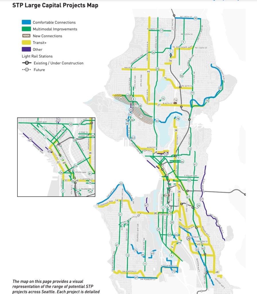 Yellow lines indicate transit+ upgrade corridors including Route 5, 7, 8, 36, 44, 45, 48, 50. Multimodal improvements touch some of the most dangerous corridors.