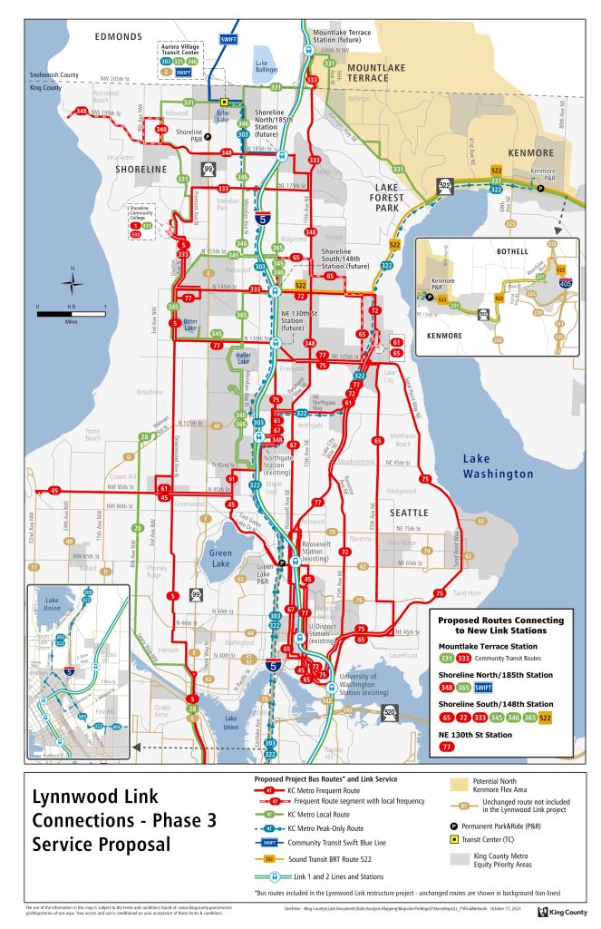 Thicker red lines show Metro's frequent bus network which add new east-west service and a denser network for Shoreline.