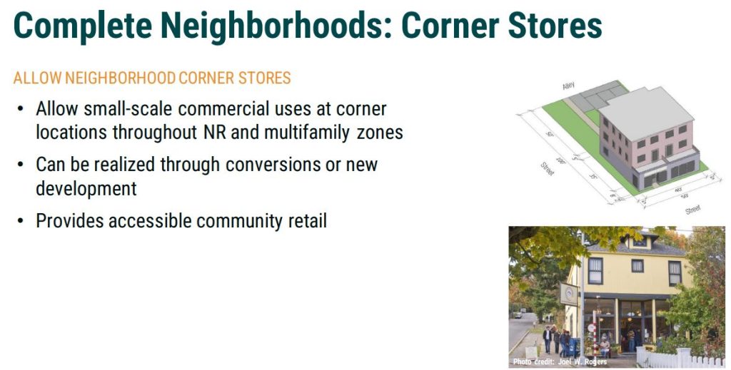 A slide shows a drawing of a corner store and a picture of a neighborhood cafe near Volunteer Park. The slide text notes it applying in Neighborhood Residential and Multifamily zones.