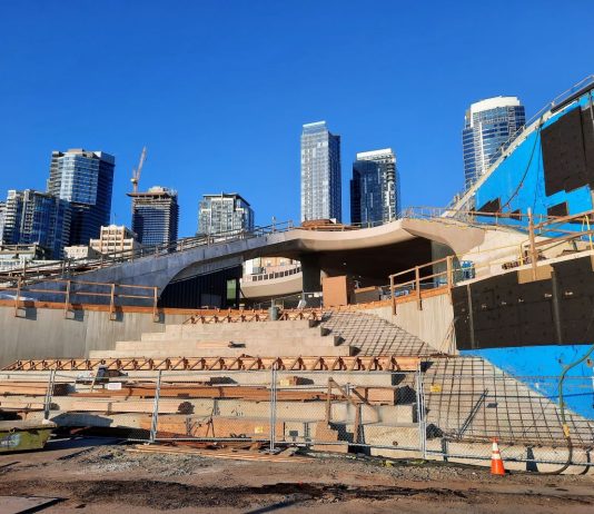 Seattle Waterfront Park Project Finally Enters Its Home Stretch Steps are taking shape even with the concrete not yet poured. The Seattle skyline peeks in the background.