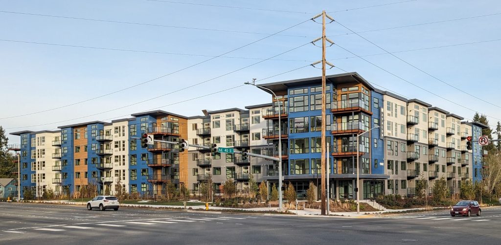 The Avalon Redmond apartment building on a sunny day, photo taken from the Redmond Technology Station