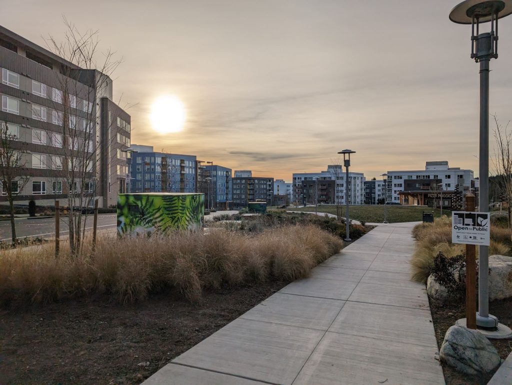 An evening shot of Esterra Park on NE Turing St