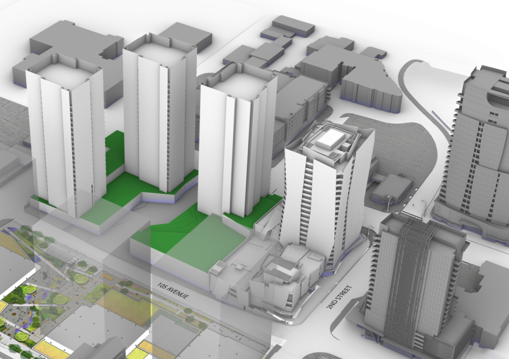 A rendering of the 102 Bellevue project with the surrounding buildings shown too